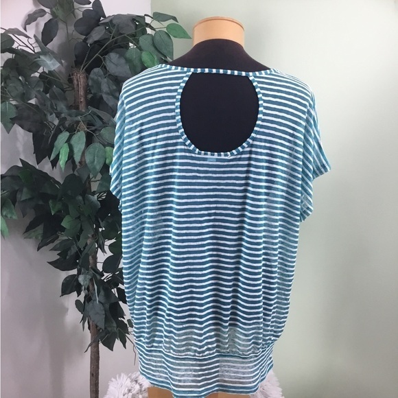 Lane Bryant size 14/16 turquoise ish blue striped v neck short sleeve top - Picture 2 of 16
